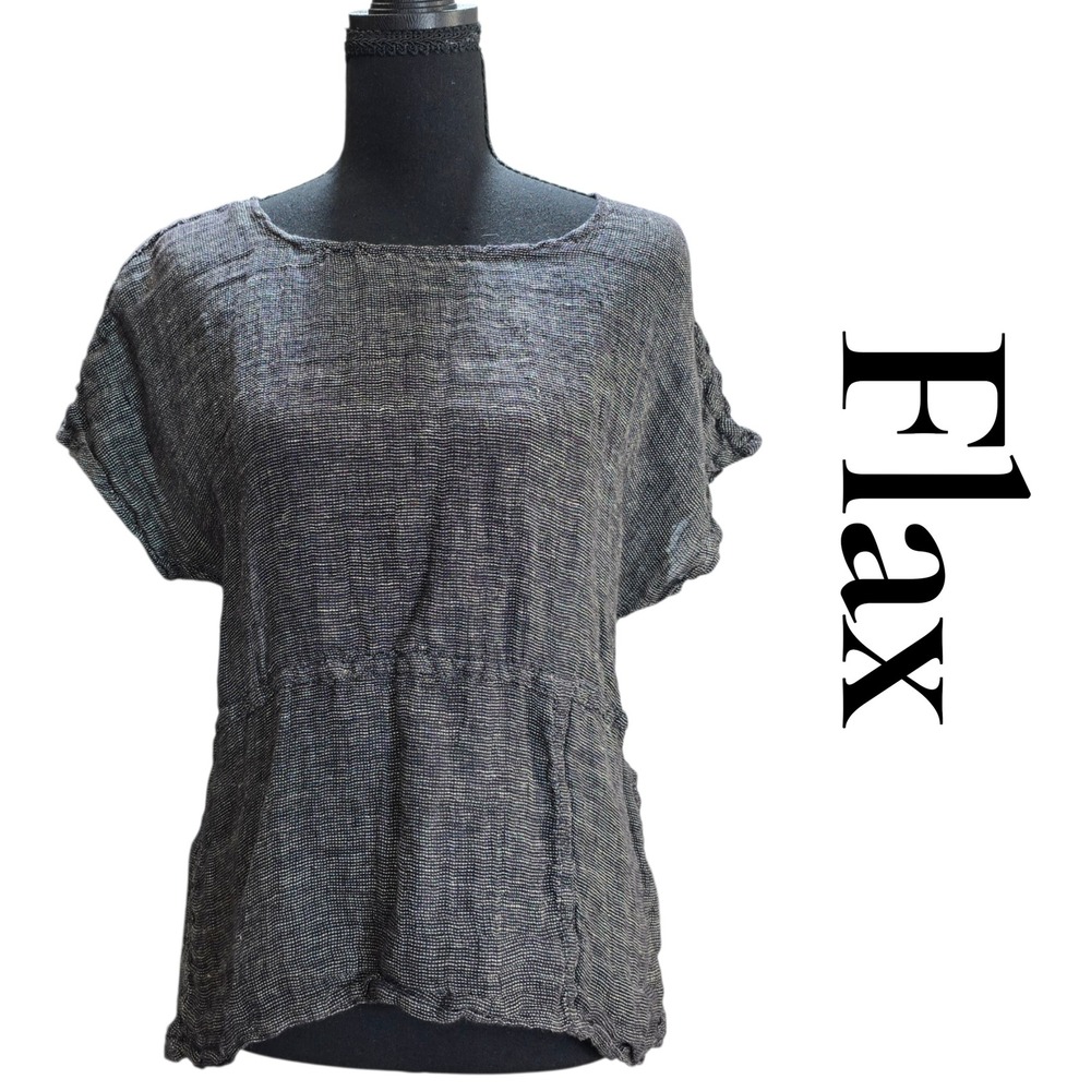 Flax Linen Top S/P Charcoal Grey 100% Linen Boho Coastal Relaxed Cap Sleeve